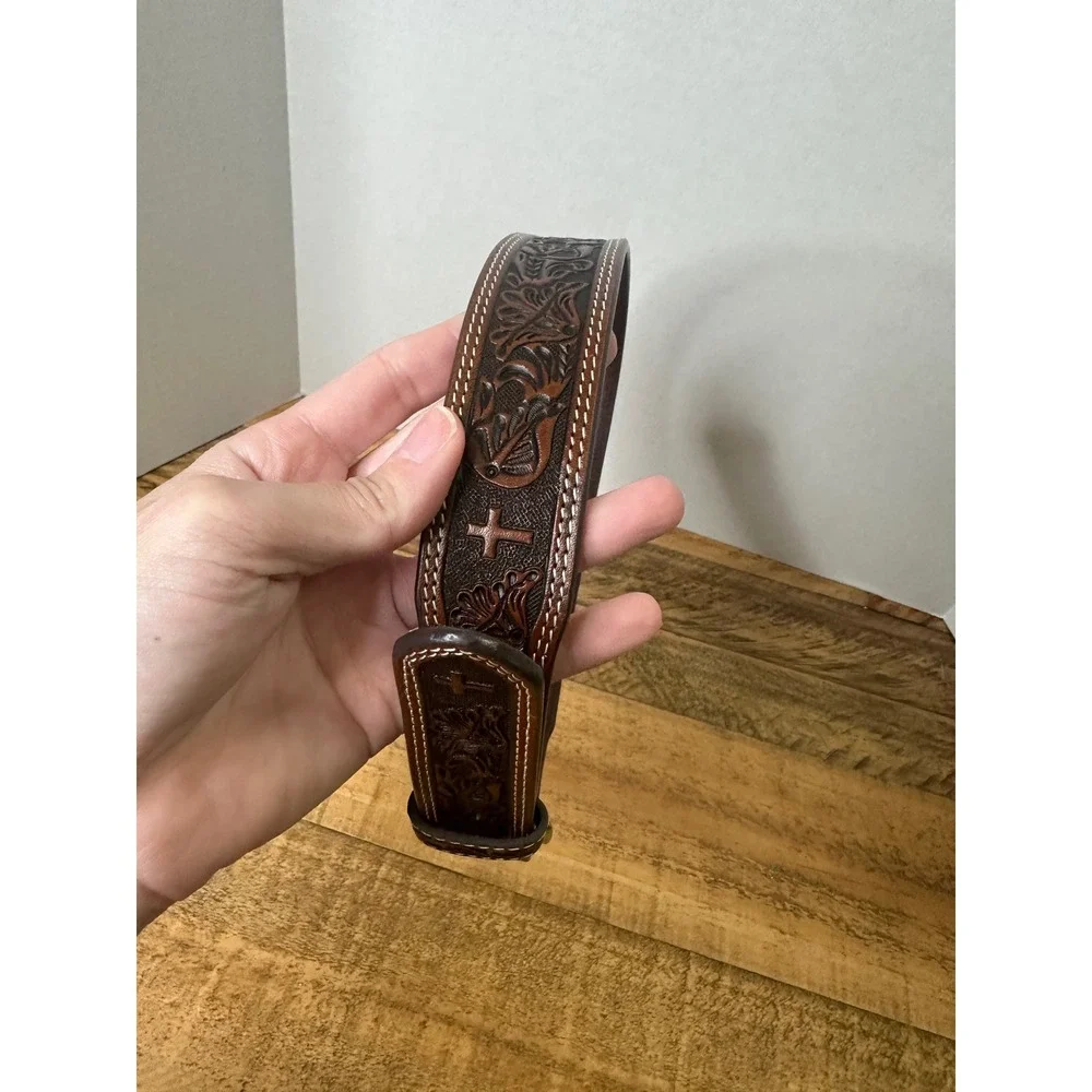Mens size 28‎ Brown Genuine Leather Western Cross Embossed Belt Silver Buckle